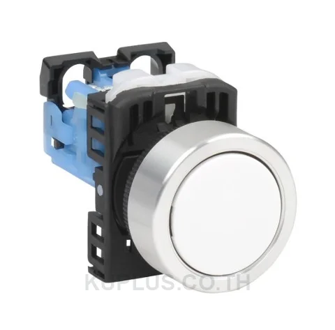Fuji Electric pushbutton, 22 mm, momentary, 1 N.O. contact(s), plastic base, metal bezel, Operator: white, flush, 30 mm, round, plastic.