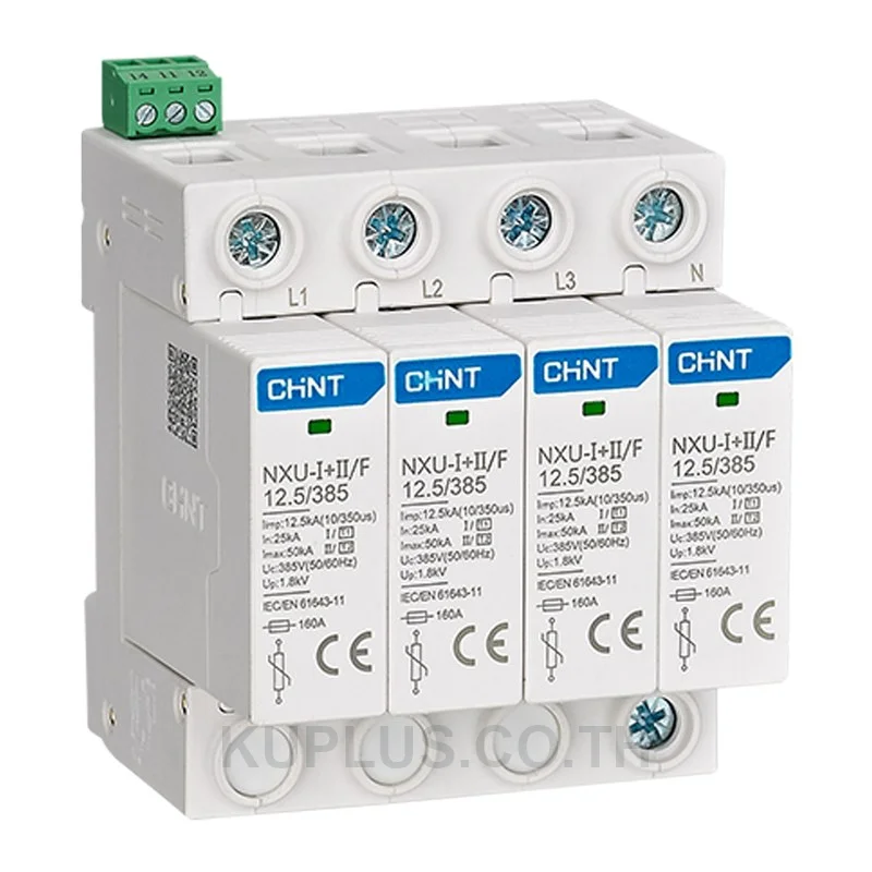 308614, อุปกรณ์ป้องกันฟ้าผ่าและแรงดันเสิร์จ (SPD) Chint NXU-I+II/F Type I+II 12.5/385V 50kA 4P Up 1.8kV
