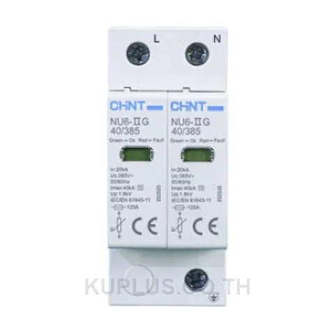 252525, อุปกรณ์ป้องกันฟ้าผ่าและแรงดันเสิร์จ (SPD) Chint NU6-IIG Type II 40kA/385V 2P (N) Up 1.5kV