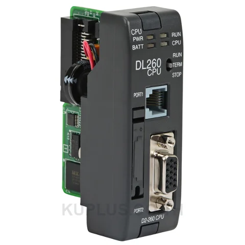 DirectLOGIC DL205 CPU, 15.8k words ladder memory, (1) RS-232 (RJ12) and (1) RS-232/RS-422/RS-485 (DB15HD female) port(s). Purchase D2-BAT-1 backup battery separately.