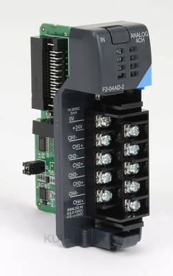 DirectLOGIC DL205 analog input module, 4-channel, voltage, 12-bit, input voltage signal range(s) of 0-5 VDC, 0-10 VDC, +/- 5 VDC, +/- 10 VDC, external 24 VDC required.