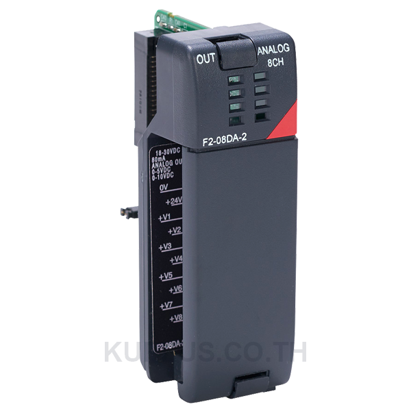 DirectLOGIC DL205 analog output module, 8-channel, voltage, 12-bit, output voltage signal range(s) of 0-5 VDC and 0-10 VDC, external 24 VDC required.