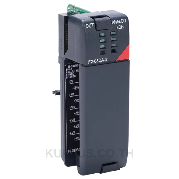 DirectLOGIC DL205 analog output module, 8-channel, voltage, 12-bit, output voltage signal range(s) of 0-5 VDC and 0-10 VDC, external 24 VDC required.