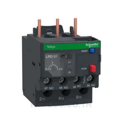 โอเวอร์โหลดรีเลย์ความร้อน (Thermal Overload Relay) Schneider TeSys D LRD07 ช่วงปรับกระแส 1.6-2.5A คลาส 10A หน้าสัมผัสช่วย 1NO+1NC ขั้วต่อแบบสกรู (Screw clamp) ใช้กับ LC1 D09-D38