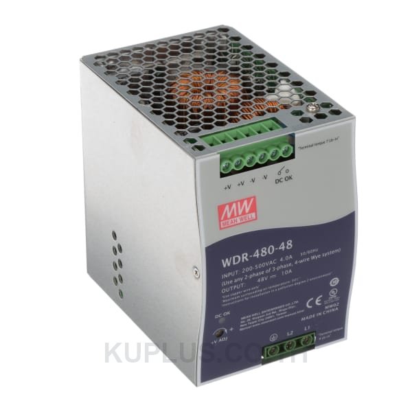 WDR-480-48, DIN Rail Power Supply, 48V, 10A, 480W, Adjustable