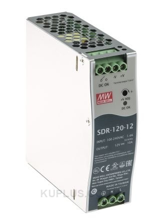 SDR-120-12, DIN Rail Power Supply, 89%, 12V, 10A, 120W, Adjustable