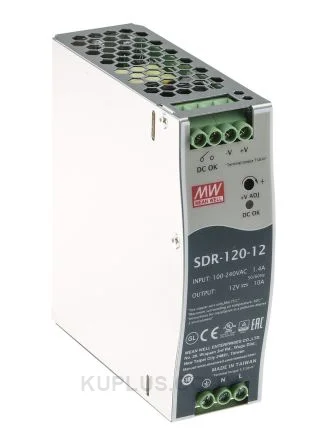 Mean Well SDR-120-12, DIN Rail Power Supply, 89%, 12V, 10A, 120W, Adjustable