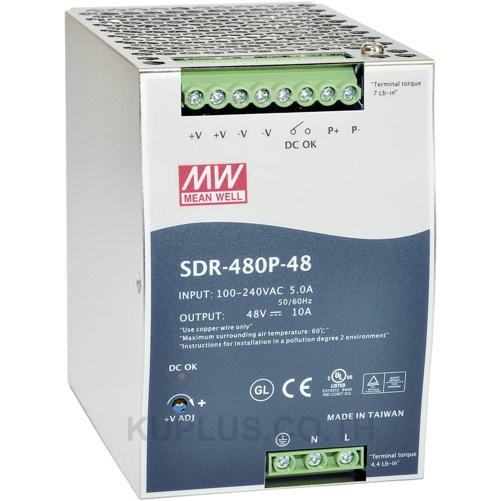 SDR-480P-24, DIN Rail Power Supply, 94%, 24V, 20A, 480W, Adjustable