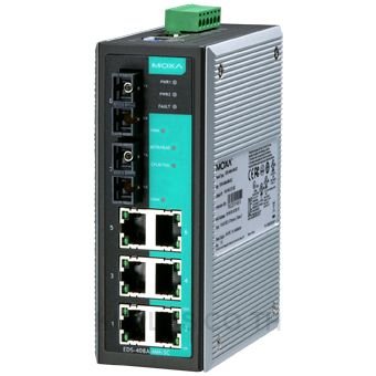 Moxa Entry-level managed Ethernet switch w/(6)10/100BTX ports, and 2 100BFX single-mode ports, SC connectors, IECEx certified (extended temperature model)