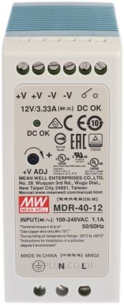 MDR-40-12, DIN Rail Power Supply, 86%, 12V, 3.33A, 40W, Adjustable