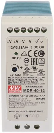 พาวเวอร์ซัพพลายเกาะราง (ติดรางปีกนก DIN) Mean Well MDR-40-12 40 W เอาต์พุต 12 V 3.33 A
