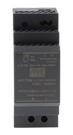 HDR-30-24, DIN Rail Power Supply, 89%, 24V, 1.5A, 36W, Adjustable