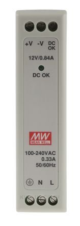 MDR-10-12, DIN Rail Power Supply, 81%, 12V, 840mA, 10W, Fixed