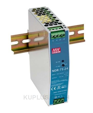 NDR-75-24, DIN Rail Power Supply, 88%, 24V, 3.2A, 75W, Adjustable