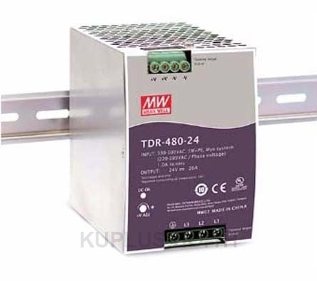 TDR-480-48, Three Phase Industrial DIN Rail Power Supply, 93%, 48V, 10A, 480W, Adjustable