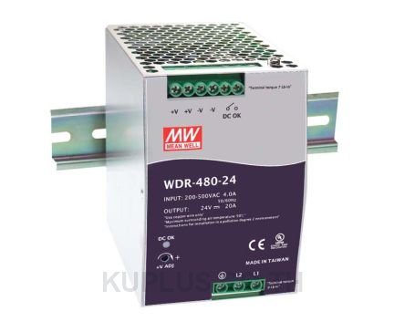 WDR-480-24, DIN Rail Power Supply, 24V, 20A, 480W, Adjustable