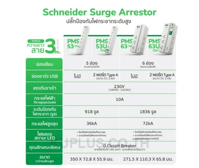 APC อุปกรณ์รางปลั๊กกันไฟกระชาก รุ่น PMS63U-TH Performance SurgeArrest 6 Outlet 3 Meter Cord with 5V, 2.4A 2 Port USB Charger 230V (เต้าเสียบ 6 ช่อง สายไฟยาว 3 เมตร USB 2 พอร์ต)