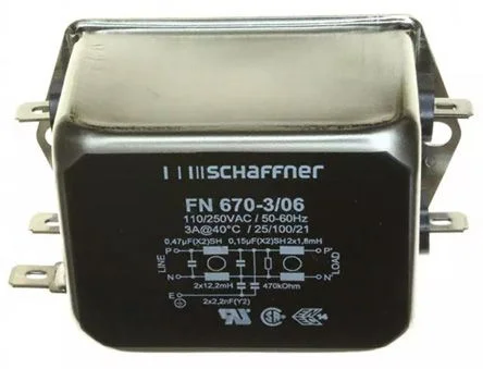 Schaffner FN670 Series 3A 250 V ac DC to 400Hz Chassis Mount RFI Filter, with Quick Connect Terminals, Single Phase