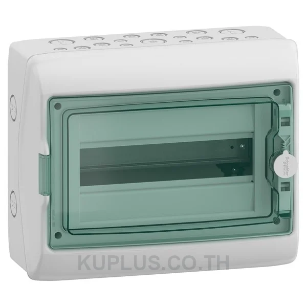 13431, ตู้กันน้ำ Schneider Electric Kaedra IP65 12 ช่อง 1 แถว สำหรับติดตั้งเบรกเกอร์ ฝาใสสีเขียว สีตู้เทาอ่อน (RAL 7035)