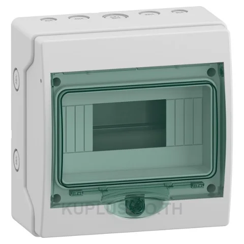 13443, ตู้กันน้ำ Schneider Electric Mini Kaedra IP65 8 ช่อง 1 แถว สำหรับติดตั้งเบรกเกอร์ ฝาใสสีเขียว สีตู้เทาอ่อน (RAL 7035)