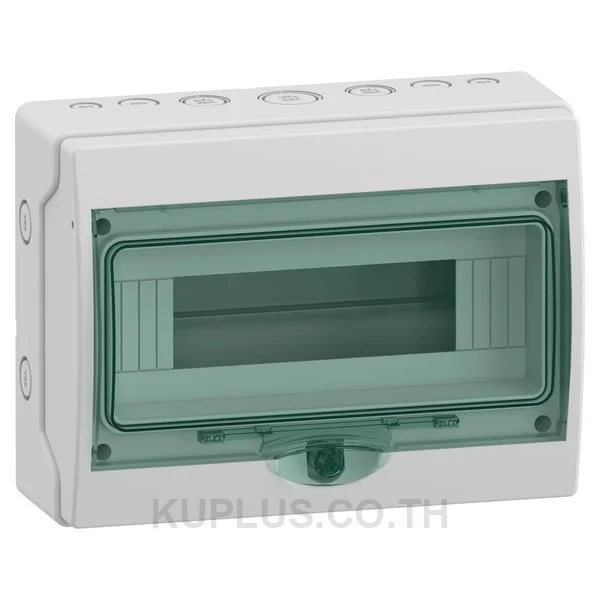 13444, ตู้กันน้ำ Schneider Electric Mini Kaedra IP65 12 ช่อง 1 แถว สำหรับติดตั้งเบรกเกอร์ ฝาใสสีเขียว สีตู้เทาอ่อน (RAL 7035)