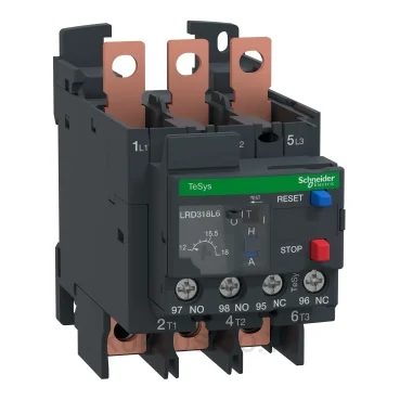 โอเวอร์โหลดรีเลย์ความร้อน (Thermal Overload Relay) Schneider TeSys D EverLink LRD318L6 ช่วงปรับกระแส 12-18A คลาส 20 หน้าสัมผัสช่วย 1NO+1NC ขั้วต่อแบบEverLink แบบ Lugs
