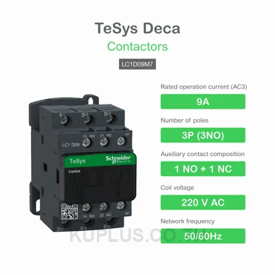 LC1D09M7 -แมกเนติก คอนแทคเตอร์ LC1D, 3 Poles, คอยล์ 220VAC (50/60Hz), 9A, 4kW, 1NO+1NC