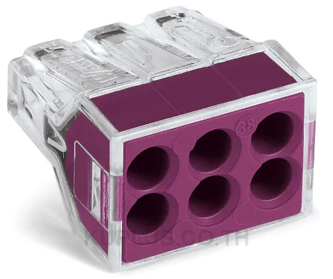 PUSH WIRE® connector for junction boxes; for solid and stranded conductors; max. 2.5 mm²; 6-conductor; transparent housing; violet cover; Surrounding air temperature: max 60°C; 2,50 mm²; multicoloured