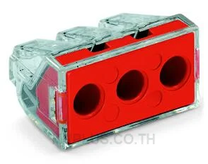 PUSH WIRE® connector for junction boxes; for solid and stranded conductors; max. 6 mm²; 3-conductor; transparent housing; red cover; Surrounding air temperature: max 60°C; 6,00 mm²; multicoloured